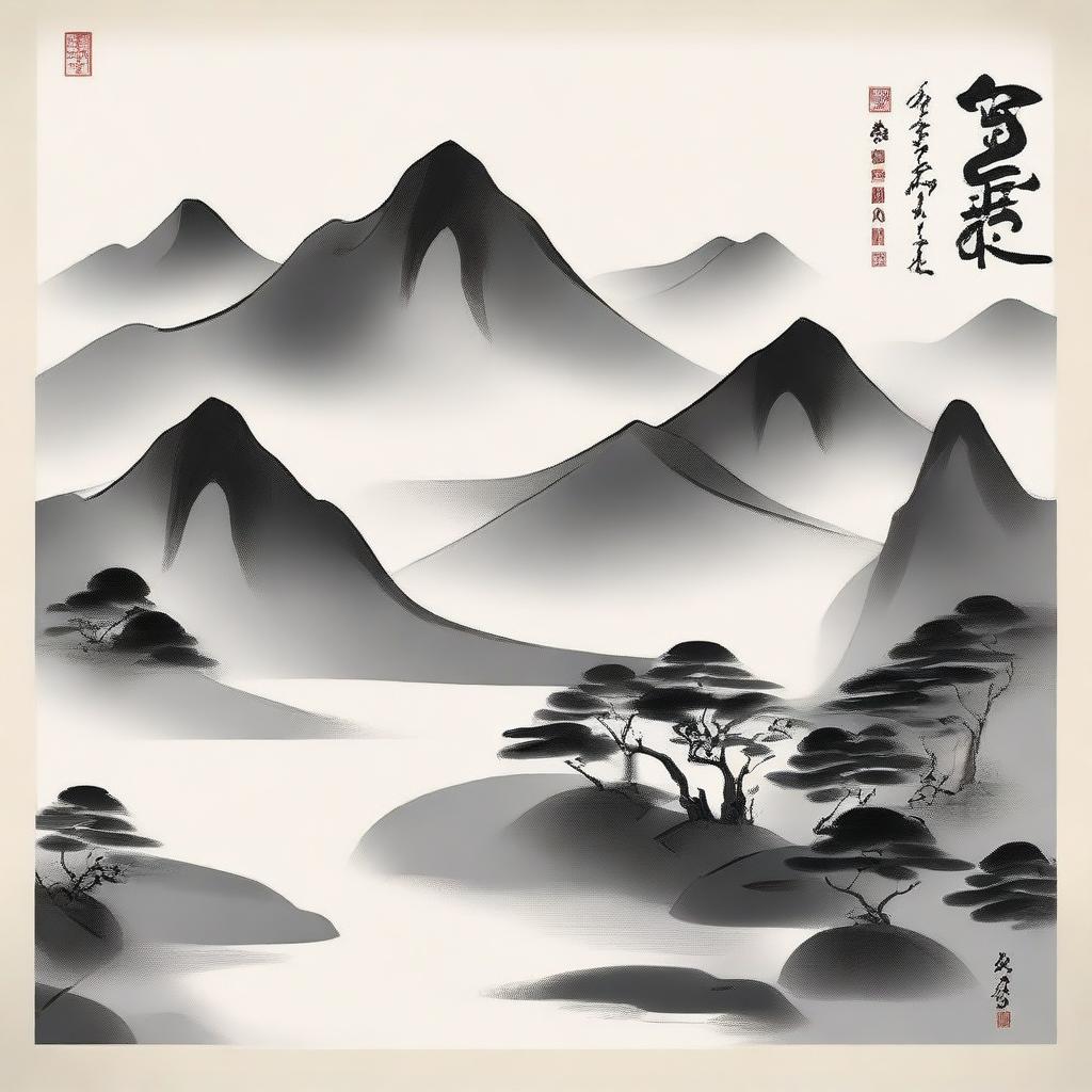 A serene landscape featuring mountains and rivers, symbolizing perseverance and steadfastness, with elegant Chinese calligraphy of the word '笃行'