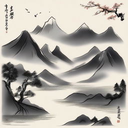 A serene landscape featuring mountains and rivers, symbolizing perseverance and steadfastness, with elegant Chinese calligraphy of the word '笃行'