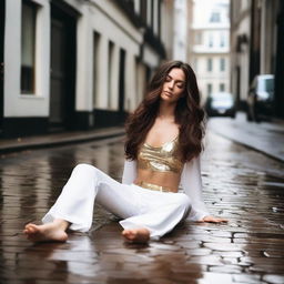 A stunning brunette model with very long brown wavy hair, wearing white wide-leg palazzo pants, a gold crop top, and high heels