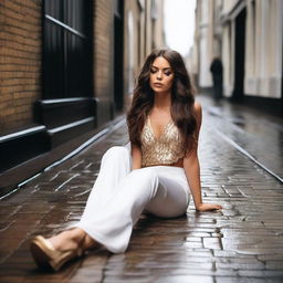 A stunning brunette model with very long brown wavy hair, wearing white wide-leg palazzo pants, a gold crop top, and high heels