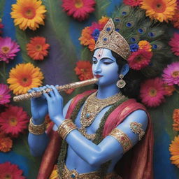 Lord Krishna's hand holding a flute, wearing a hat adorned with peacock feathers, set against a backdrop of vibrant flowers.