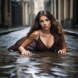 A stunning brunette model with very long brown wavy hair, wearing a sexy evening gown, appears drunk and vulnerable as she lies on her back on the ground in a cobblestone alley in London