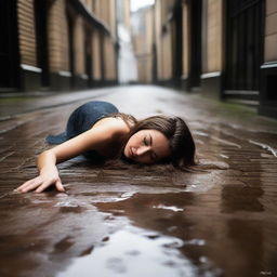 A stunning brunette model with very long brown wavy hair, wearing a sexy evening gown, appears drunk and vulnerable as she lies on her back on the ground in a cobblestone alley in London