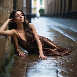 A stunning brunette model with very long brown wavy hair, wearing a sexy evening gown, appears drunk and vulnerable as she lies on her back on the ground in a cobblestone alley in London