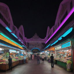 Pasar Gede, the traditional market in Surakarta, stylized in a futuristic manner with neon lights, sharp architectural angles, and advanced technology.