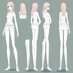 Create a detailed character sheet for an adoptable character, including front, side, and back views