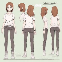 Create a detailed character sheet for an adoptable character, including front, side, and back views