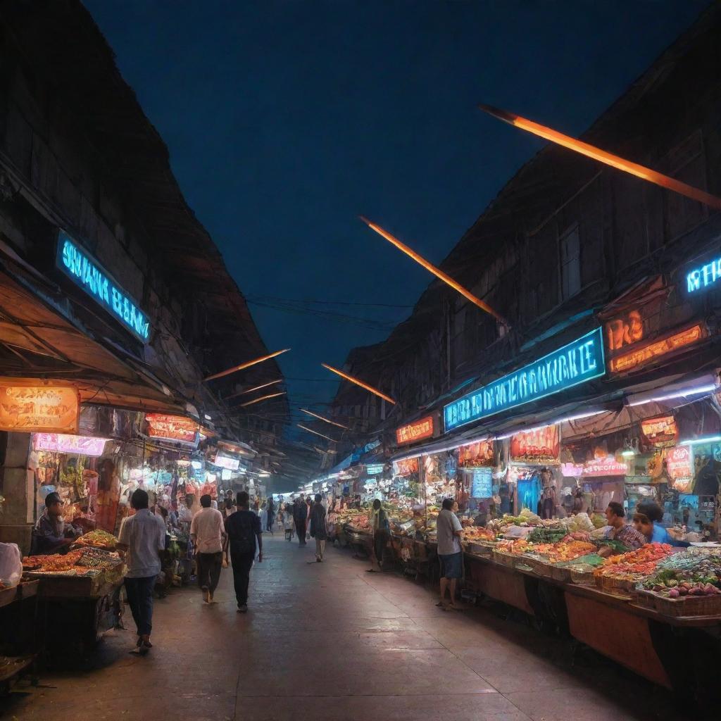 Pasar Gede, the traditional market in Surakarta, stylized in a futuristic manner with neon lights, sharp architectural angles, and advanced technology.