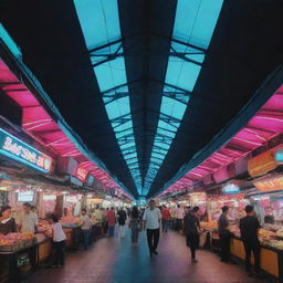 Pasar Gede, the traditional market in Surakarta, stylized in a futuristic manner with neon lights, sharp architectural angles, and advanced technology.