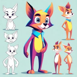 Create a character adopt sheet in a stylized art style featuring a colorful anthropomorphic animal