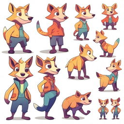 Create a character adopt sheet in a stylized art style featuring a colorful anthropomorphic animal