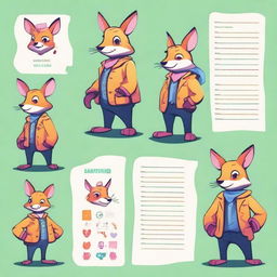 Create a character adopt sheet in a stylized art style featuring a colorful anthropomorphic animal