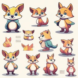 Create a character adopt sheet in a stylized art style featuring a colorful anthropomorphic animal