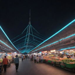 Pasar Gede, the traditional market in Surakarta, stylized in a futuristic manner with neon lights, sharp architectural angles, and advanced technology.