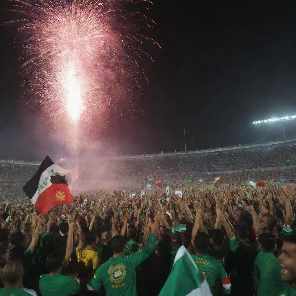 Iraqi national football team celebrating their victory over Vietnam under a sky filled with fireworks. The players are holding the national flag, surrounded by a cheering crowd.