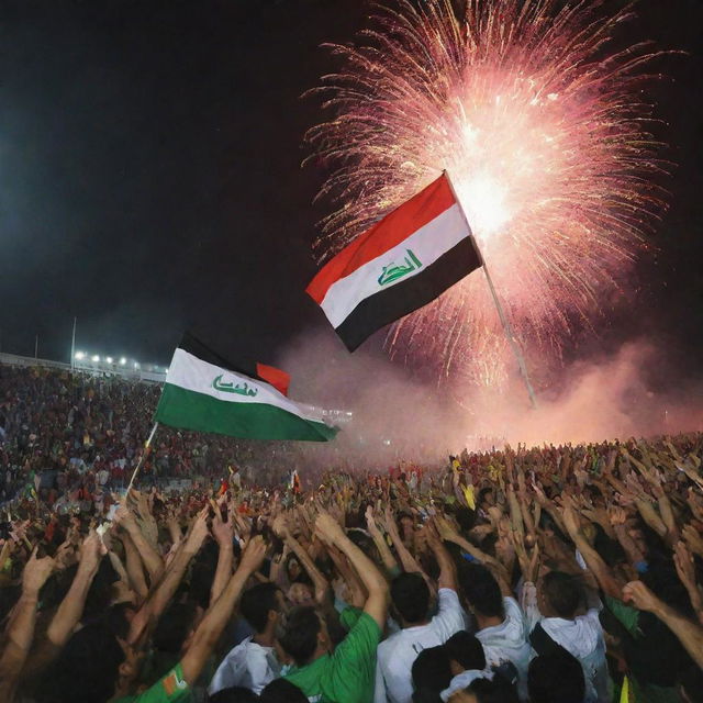 Iraqi national football team celebrating their victory over Vietnam under a sky filled with fireworks. The players are holding the national flag, surrounded by a cheering crowd.