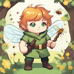 A chunky male stout halfling with ginger hair and green eyes, depicted as a druid