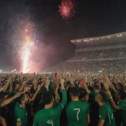 Iraqi national football team celebrating their victory over Vietnam under a sky filled with fireworks. The players are holding the national flag, surrounded by a cheering crowd.