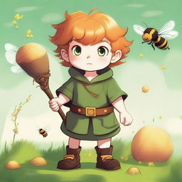 A chunky male stout halfling with ginger hair and green eyes, depicted as a druid