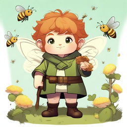 A chunky male stout halfling with ginger hair and green eyes, depicted as a druid