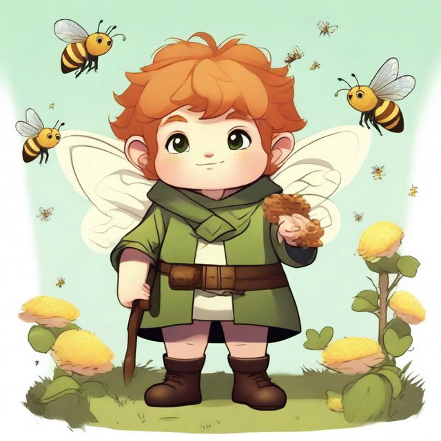 A chunky male stout halfling with ginger hair and green eyes, depicted as a druid