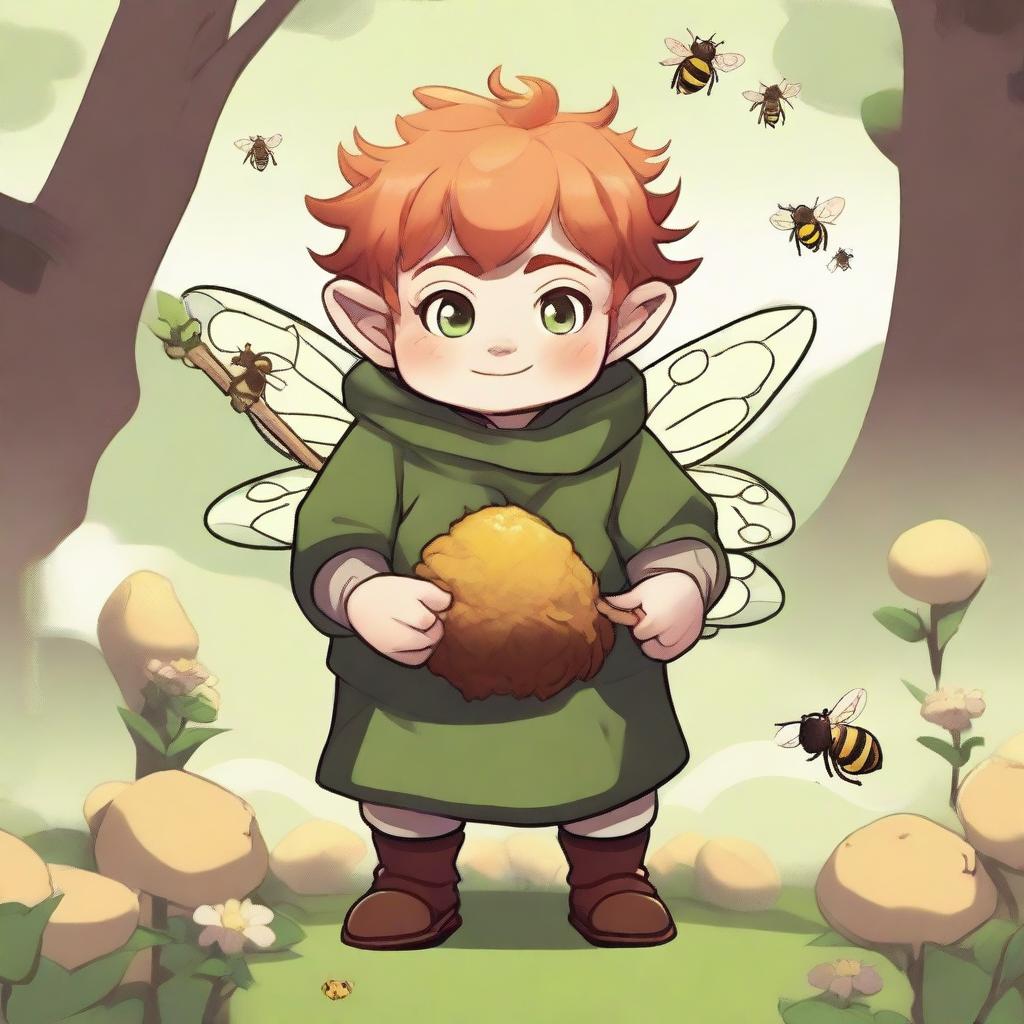 A chunky male stout halfling with ginger hair and green eyes, depicted as a druid