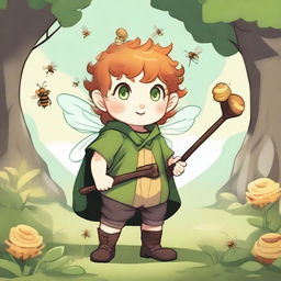 A chunky male stout halfling with ginger hair and green eyes, depicted as a druid