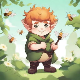 A chunky male stout halfling with ginger hair and green eyes, depicted as a druid