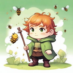 A chunky male stout halfling with ginger hair and green eyes, depicted as a druid