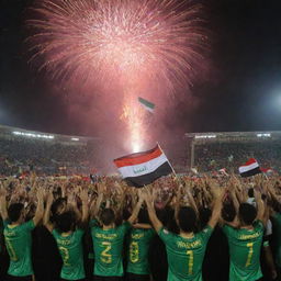 Iraqi national football team celebrating their victory over Vietnam under a sky filled with fireworks. The players are holding the national flag, surrounded by a cheering crowd.