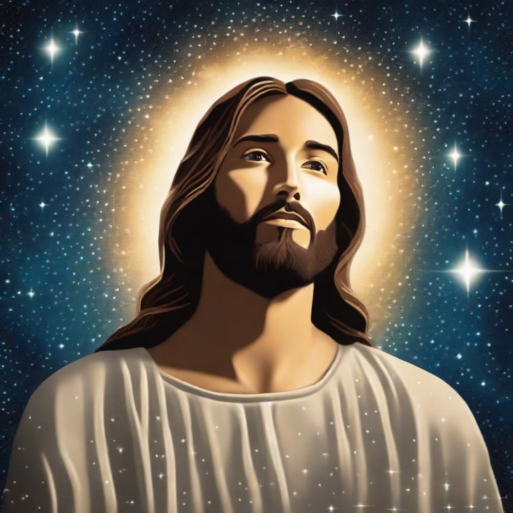 A celestial depiction of Jesus made entirely of stars, looking up towards the heavens