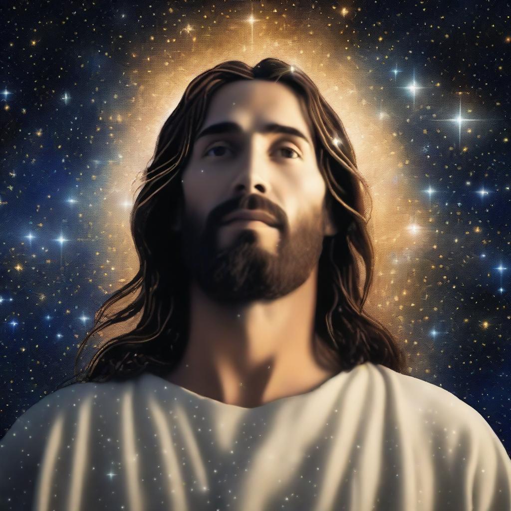 A celestial depiction of Jesus made entirely of stars, looking up towards the heavens