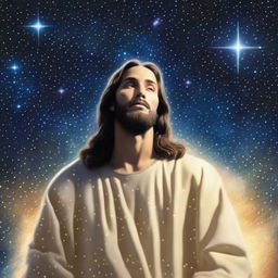 A celestial depiction of Jesus made entirely of stars, looking up towards the heavens