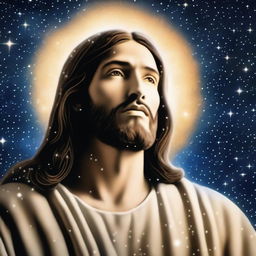 A celestial depiction of Jesus made entirely of stars, looking up towards the heavens