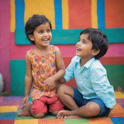 An adorable Indian boy enjoying a playful moment with a cute girl in a brightly colored, vibrant, and cheerful setting.