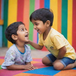 An adorable Indian boy enjoying a playful moment with a cute girl in a brightly colored, vibrant, and cheerful setting.