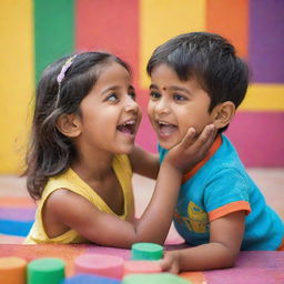 An adorable Indian boy enjoying a playful moment with a cute girl in a brightly colored, vibrant, and cheerful setting.