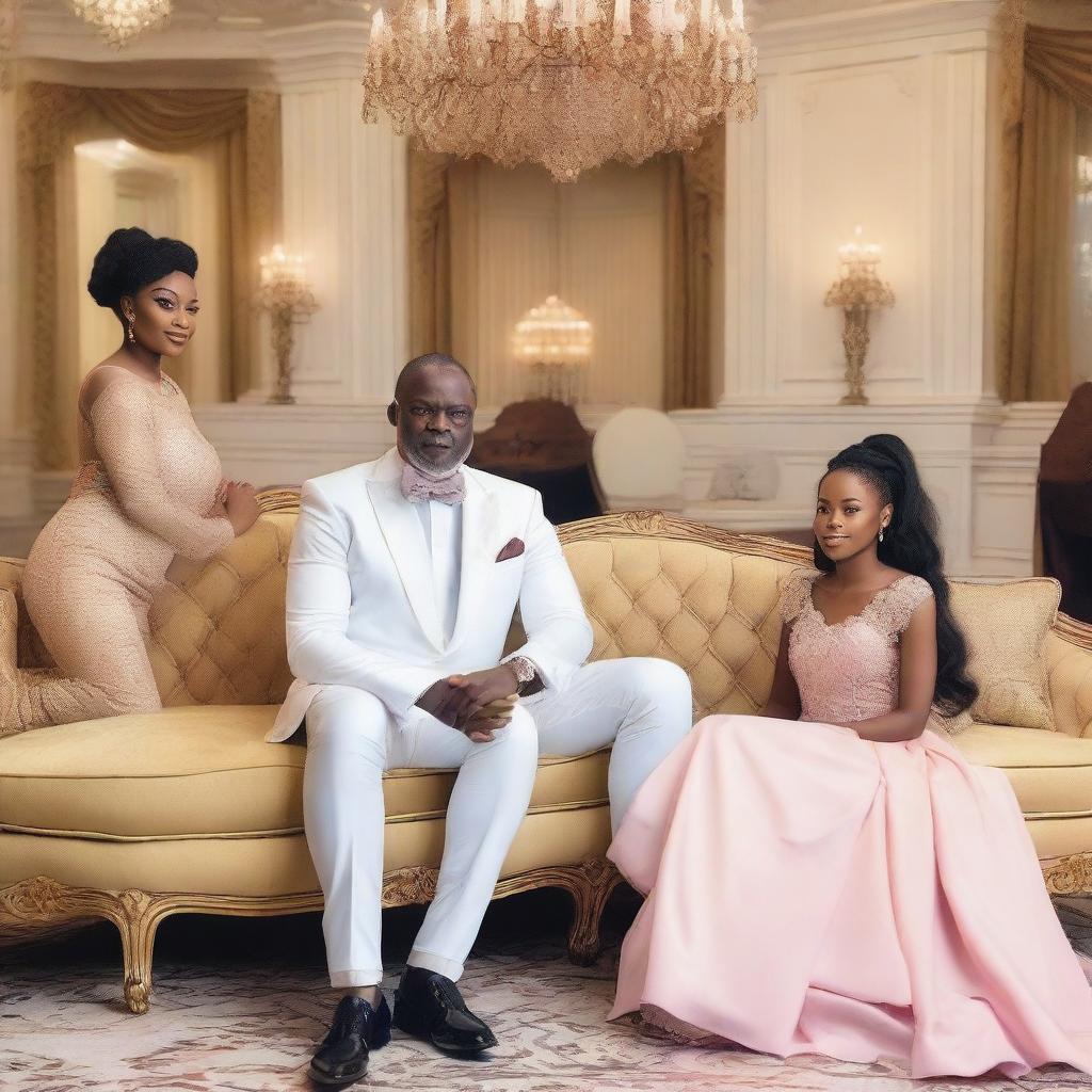 A Nigerian 50-year-old man sitting in a luxurious, fancy mansion with his beautiful daughters