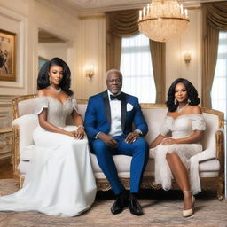 A Nigerian 50-year-old man sitting in a luxurious, fancy mansion with his beautiful daughters