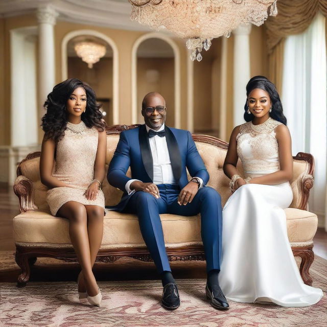 A Nigerian 50-year-old man sitting in a luxurious, fancy mansion with his beautiful daughters