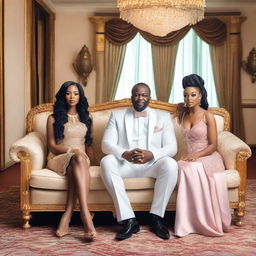 A Nigerian 50-year-old man sitting in a luxurious, fancy mansion with his beautiful daughters