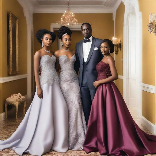 A 50-year-old Nigerian man in a fancy mansion with his light-skinned 18-year-old daughter and 23-year-old daughter