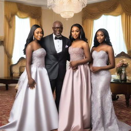 A 50-year-old Nigerian man in a fancy mansion with his light-skinned 18-year-old daughter and 23-year-old daughter