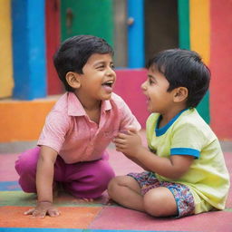 An adorable Indian boy enjoying a playful moment with a cute girl in a brightly colored, vibrant, and cheerful setting.