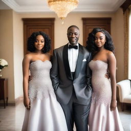 A 50-year-old Nigerian man in a fancy mansion with his light-skinned 18-year-old daughter and 23-year-old daughter