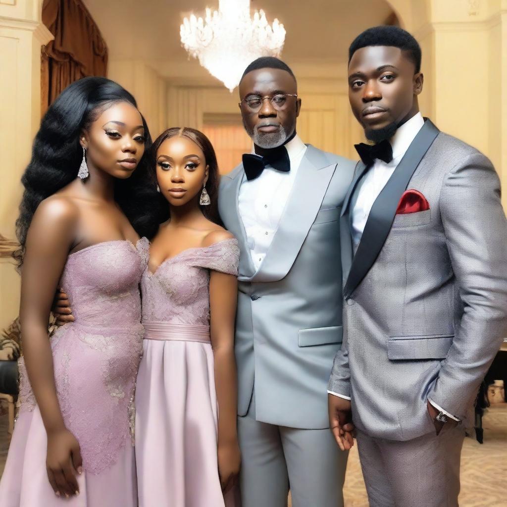 A 50-year-old Nigerian man in a fancy mansion with his light-skinned 18-year-old daughter and 23-year-old daughter