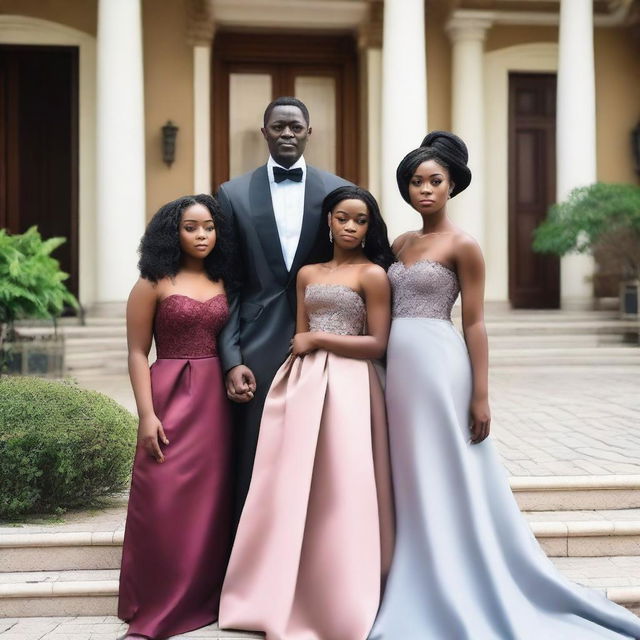 A 50-year-old Nigerian man in a fancy mansion with his light-skinned 18-year-old daughter and 23-year-old daughter