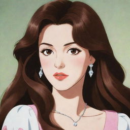 A girl with long, wavy, brown hair, large brown eyes, fair skin, diamond-shaped face, big lips, small nose, and a thin body in 80's anime style, similar to the aesthetic of the anime NaNa.