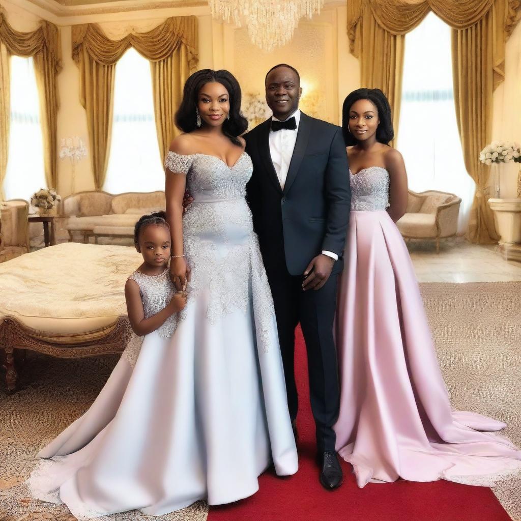 A 50-year-old Nigerian man in a fancy mansion with his light-skinned 18-year-old daughter and 23-year-old daughter