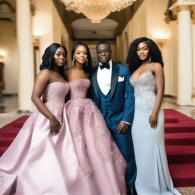 A 50-year-old Nigerian man in a fancy mansion with his light-skinned 18-year-old daughter and 23-year-old daughter